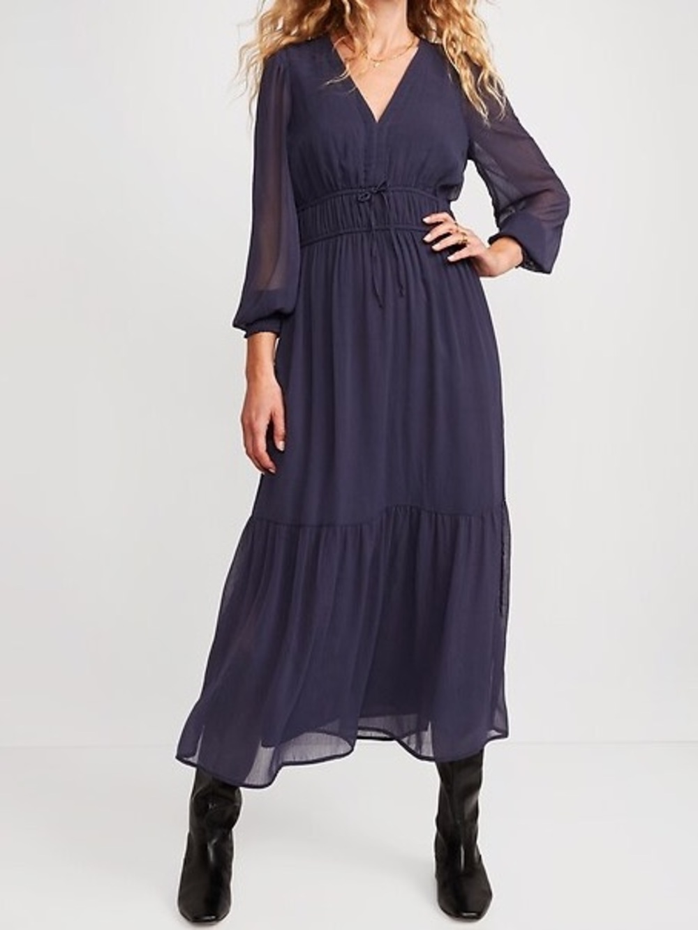 Waist-Defined Smocked Chiffon Tie-Front Maxi Dress w/Long Sleeves Volcanic Glass